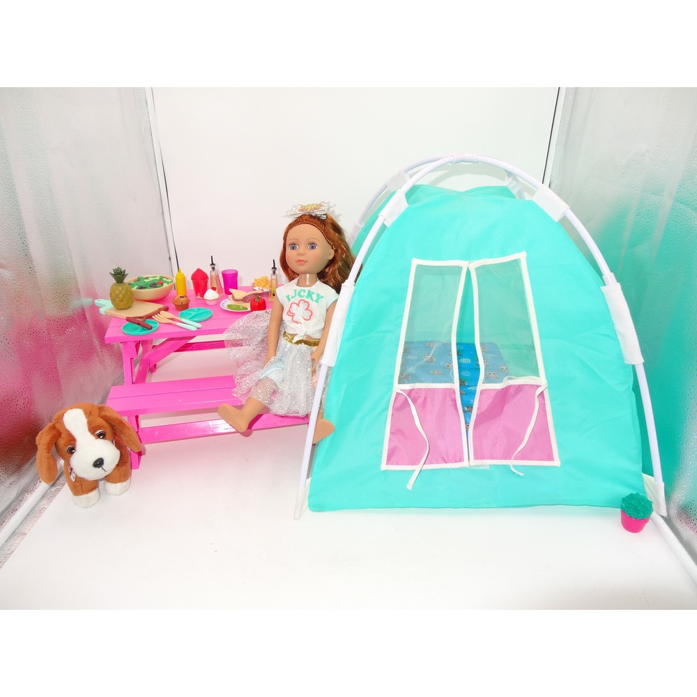 Our Generation Doll Camping Set Tent Picnic Table Dog Sleeping Bag Accessories